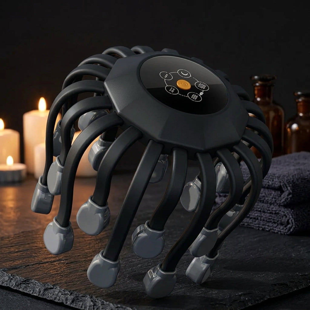 ScalpZen 20-head electric octopus scalp massager on dark stone with candles