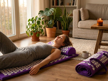 Woman relaxing on ZenRelief purple acupressure mat at home