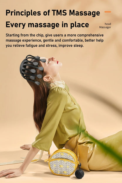 Woman relaxing while using ScalpZen head massager