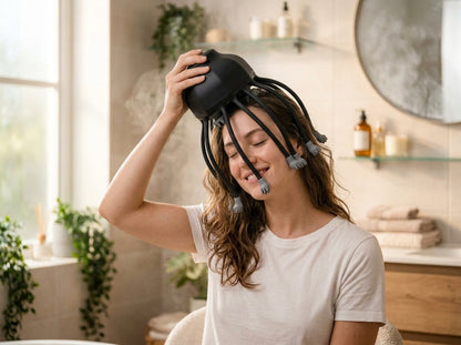 Woman using ScalpZen black octopus scalp massager at home