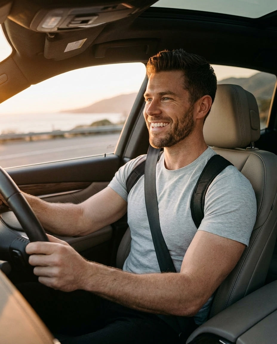 Man driving happily wearing Posture Pro corrector with seatbelt both visible