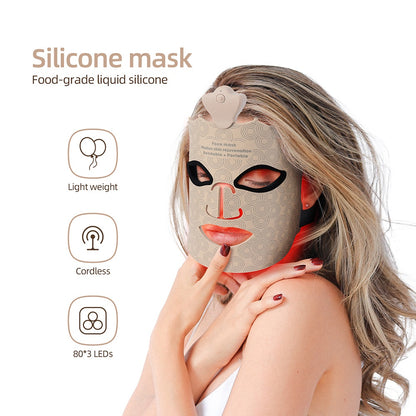 LumiMask Beige — woman wearing mask with red light